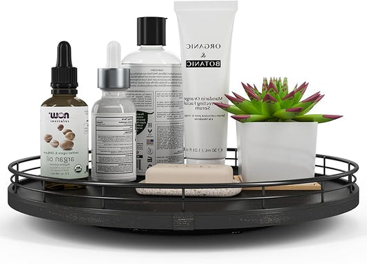 13" Oak Bathroom Vanity Tray Turntable for Perfume Candle, Round Wooden Decorative Tray for Kitchen Sink Countertop Organizer, Bathroom Counter Organizer for Skincare Makeup, Farmhouse Black Gold-Ruum Studio Home