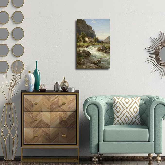 Vintage landscape rural scenery poster art farmhouse cottage wall decor living room kitchen quiet country stream suitable for bedroom bathroom-Ruum Studio Home