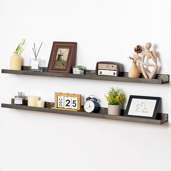 48 Inch Long Floating Shelves for Wall, Solid Pine Wood Picture Ledge Shelves with Lips, Nursery Book Shelves for Toys Storage Living Room Bedroom Photo Frames (2 Pcs, Grey)-Ruum Studio Home