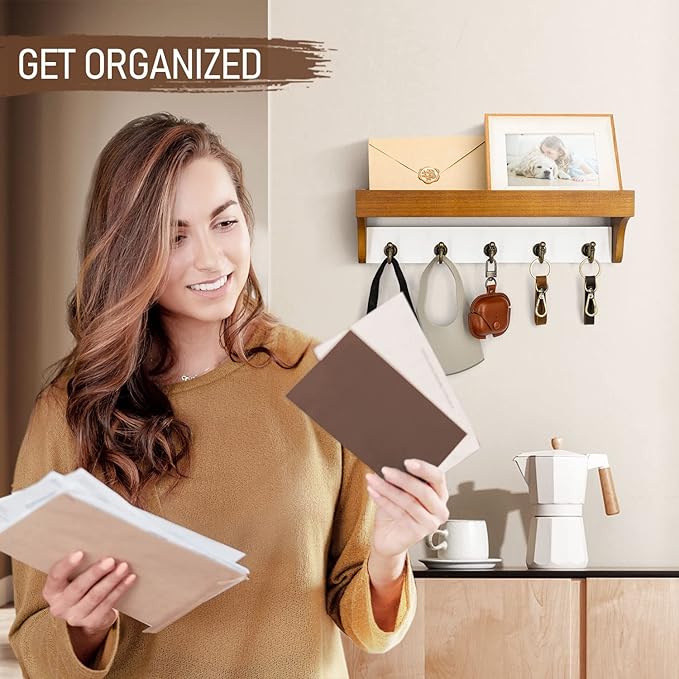 Rebee Vision Key and Mail Holder for Wall with Shelf - Farmhouse House Decor with 5 Rustic Keys Hooks and Decorative Mail Organizer Wall Mount - Decorative Apartment Essentials (Light Brown & White)-Ruum Studio Home