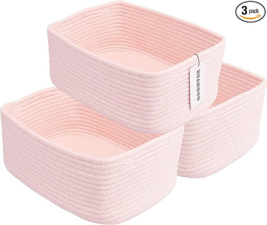 Small Woven Storage Baskets 13“X9”X5“ Decorative Rope Bins for Organizing Shelves, Closets, and Toys, Empty Gift Baskets, Cute Organizer Basket for Home and Office (pink, Large)-Ruum Studio Home
