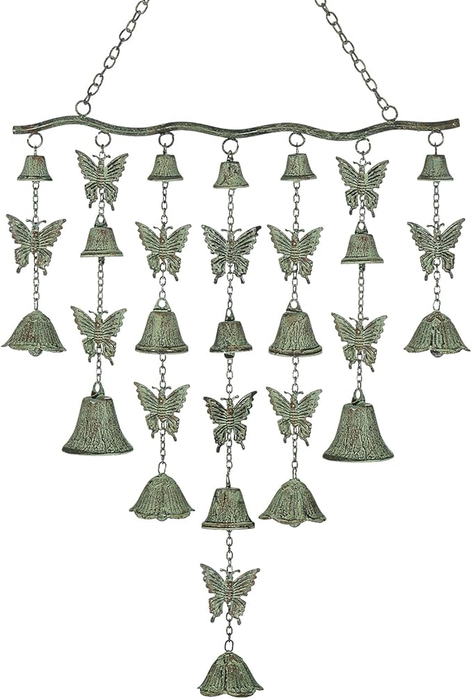 Butterfly Wind Chimes for Outside, Large Strung Verdigris Windchimes with Wrought Iron Bell for Garden, Patio, Porch Outdoor Decor, Memorial Sympathy-Ruum Studio Home