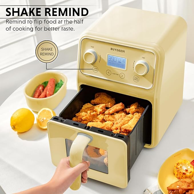 BUYDEEM F51 8-in-1 Air Fryer 4.2QT, Retro Countertop Airfryer Oven with Visible Window, Shake Reminder, One-touch Control with LCD Display, Mellow Yellow-Ruum Studio Home