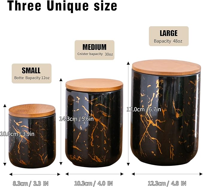 Black Ceramic Canister Set with Wooden Lid, 3-Piece Food Storage Jars for Kitchen Counter, Storage Container for Sugar, Coffee, Tea, Spice-Ruum Studio Home
