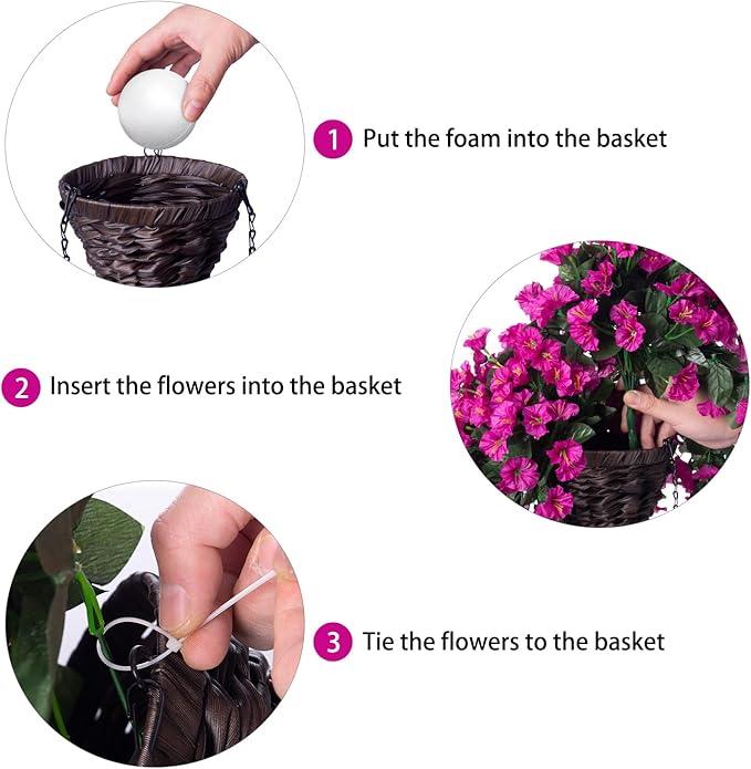 Artificial Fake Hanging Flowers Plants Baskets for Outdoor Outside Decoration, Faux Silk UV Resistant Realistic Fuchsia Morning Glory Planter for Home Porch Patio Balcony Garden Yard-Ruum Studio Home