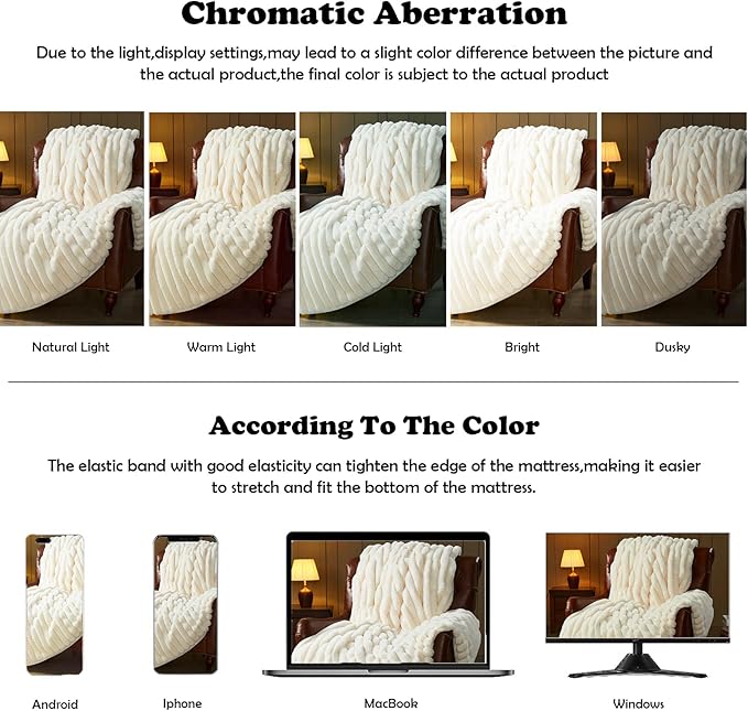 NEWCOSPLAY Faux Fur Twin Blanket Ivory 3D Ribbed Plush Thick Warm Blanket for Couch Sofa Bed 850GSM (Ivory Ribbed, Twin(60"x80"))-Ruum Studio Home