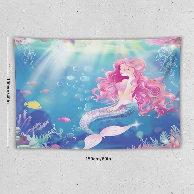 HZOHNAGO Mermaid Girls Tapestry Watercolor Mermaid Princess Pink Hair Pattern for Kids Room Decoration Printed Wall Tapestry Wall Hanging for Bedroom Living Room Dorm 60" W x 40" H-Ruum Studio Home