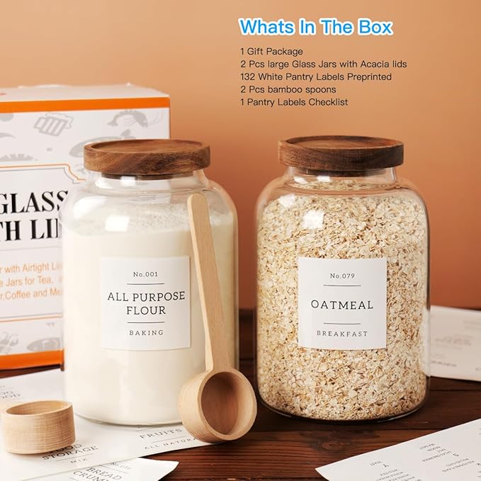 2 PCS Large Glass Jar with Airtight Lid, Glass Food Storage Jars for Tea,Spice,Cereal, Egg,Flour,Coffee and More(70 FL OZ/2000 ml)-Ruum Studio Home