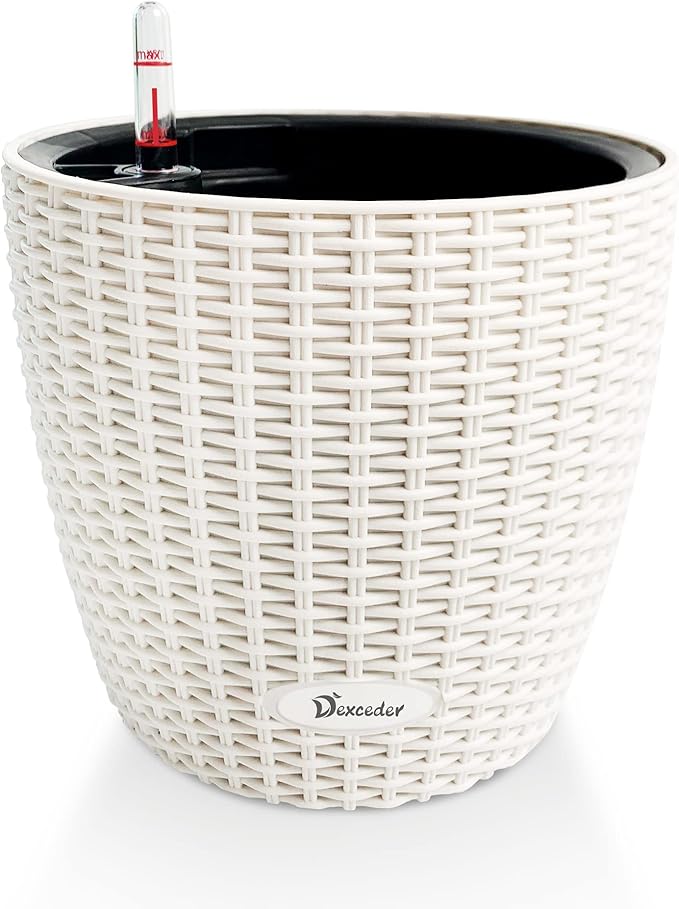 Dexceder 9x8 Inches Rattan Self Watering Planter Indoor Outdoor, Inner Pot Design, Thickened Table Flower Plant Pot with Water Level Indicator (Ivory White)-Ruum Studio Home