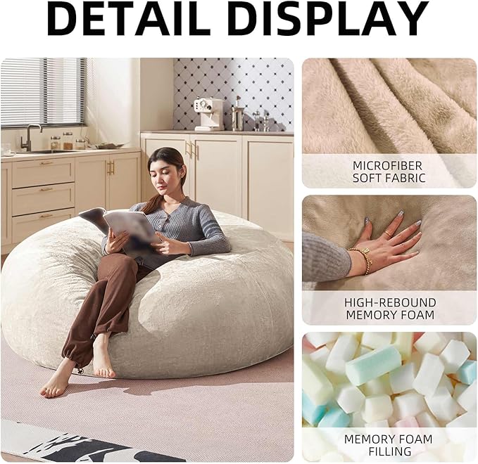 Bean Bag Chair 6Ft, Memory Foam Filled, Large Beanbag Chairs for Adults and Teens, Soft Sofa with Removable Flannel Cover, Round Couch for Living Room Bedroom College Dorm (Apricot, 6FT-67×67"×24")-Ruum Studio Home