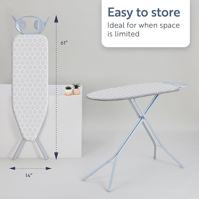 Minky Homecare Classic 4-Leg Ironing Board with Iron Rest - Freestanding Full Size Iron Board for Clothes Pressing with 43" x 14" Surface - Grey Honeycomb-Ruum Studio Home