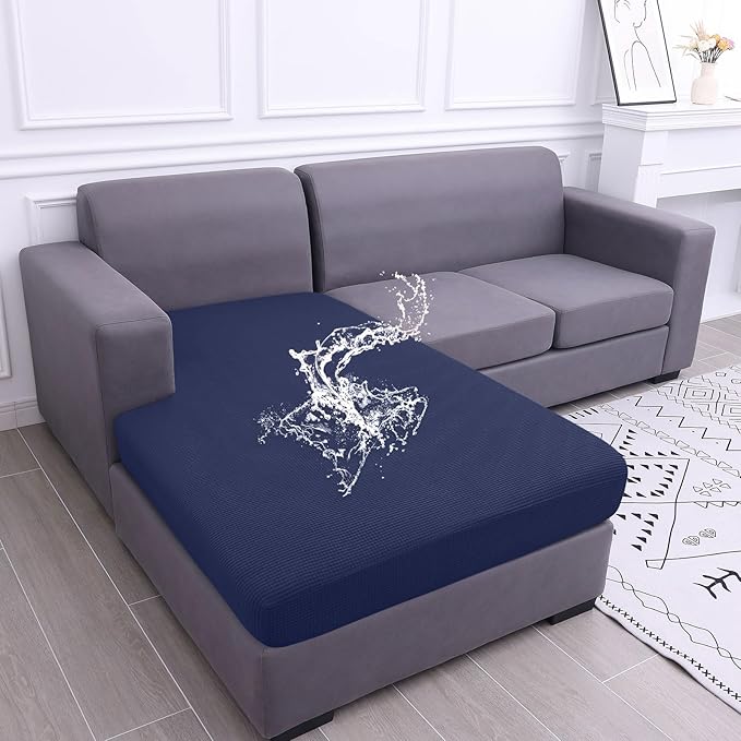 hyha Waterproof Sectional Couch Covers, Non Slip Sofa Couch Cushion Covers L Shape, Thick Stretch Jacquard Fabric, Washable Sofa Slipcovers with Elastic Bottom (1 Piece for Chaise, Navy)-Ruum Studio Home