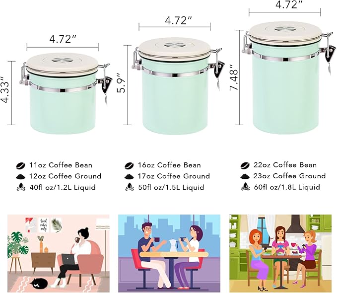 ShanSon Coffee Canister Airtight Coffee Container Stainless Steel Coffee Bean Storage Container with CO2 Release Valve and Scoop Coffee Canister for Beans,Grounds,Sugar,Flour,Tea,Cereal,22OZ,Green-Ruum Studio Home