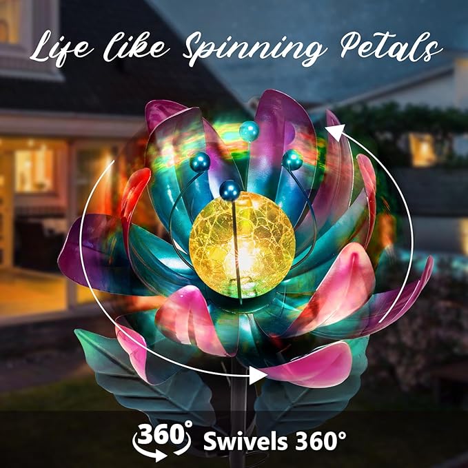 Solar Purple Metal Flower Wind Spinners, Colorful Spinning Windmill Lotus Yard Art Lights Wind Pinwheels with LED Crystal Ball Decorative Stake Lighting Flower Sculpture-Ruum Studio Home