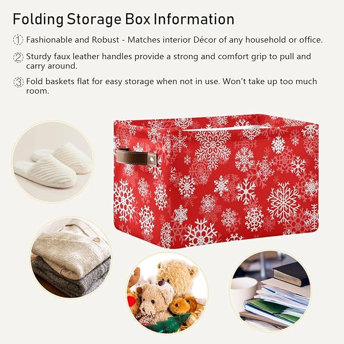 Christmas White Snowflakes on Red Storage Basket Cube Storage Bins Organizer Bag Collapsible Closet Shelf Baskets with handle for Baby Cloth Pet Toy Book 14.2×10.2×8.3 IN-Ruum Studio Home