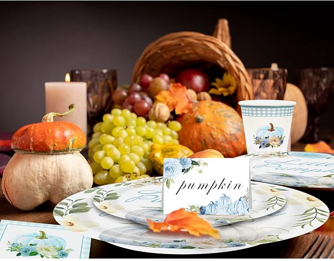 Aukolass Pumpkin Party Supplies Tableware Set - Fall Theme Party Decorations Including Plates, Napkins and Cups for Pumpkin Birthday and Baby Shower Party, Serves 24 Guests (blue)-Ruum Studio Home