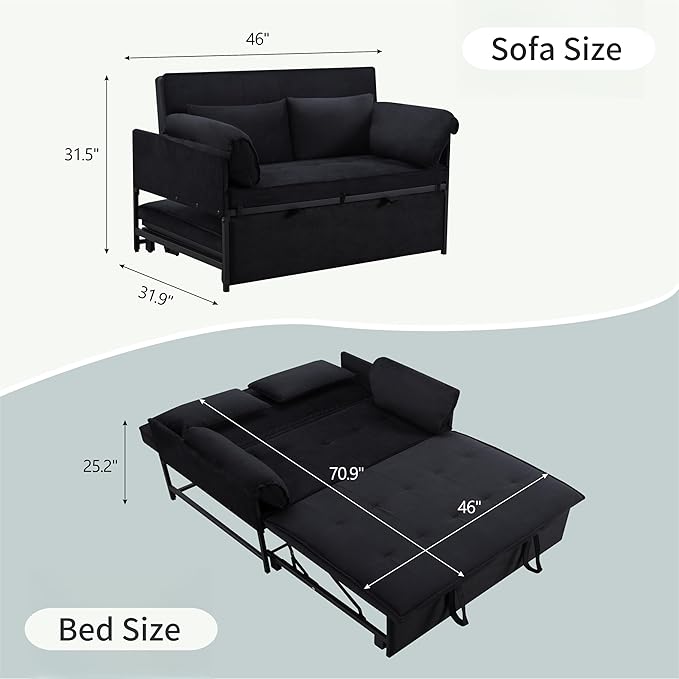 Pull Out Sofa Bed, 46” Futon Couch with Convertible Sleeper, Velvet Pull Out Couch with Adjustable Backrest, Small Sofa Bed with 2 Pillows for Living Room Office Guest Room, Black-Ruum Studio Home