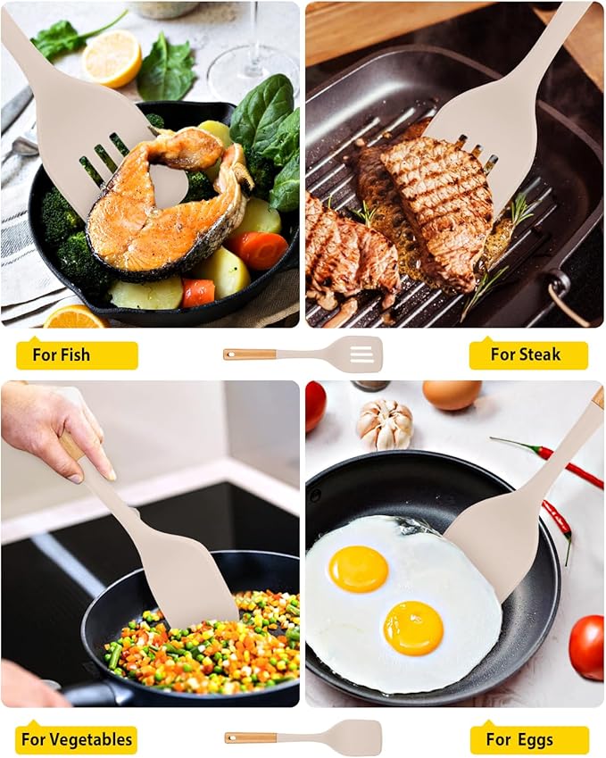 Pack of 2 Large Silicone Spatula, Heat Resistant Solid Turner, Non Stick Slotted Spatulas with Wooden Handle, Ideal Kitchen Utensils for Flipping, Pancakes, Eggs, Fish(KHAKI)-Ruum Studio Home