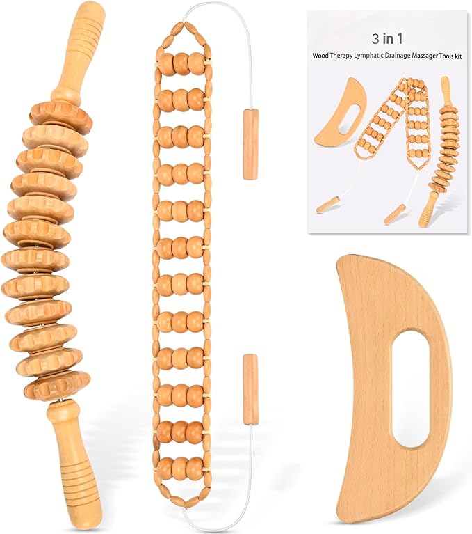 3-in-1 Wood Therapy Massage Tools Lymphatic Drainage Massager Maderoterapia Kit Wooden Gua Sha Massager Body Sculpting Tools for Muscle Pain Relief, Anti-Cellulite, Body Contouring and Shaping-Ruum Studio Home
