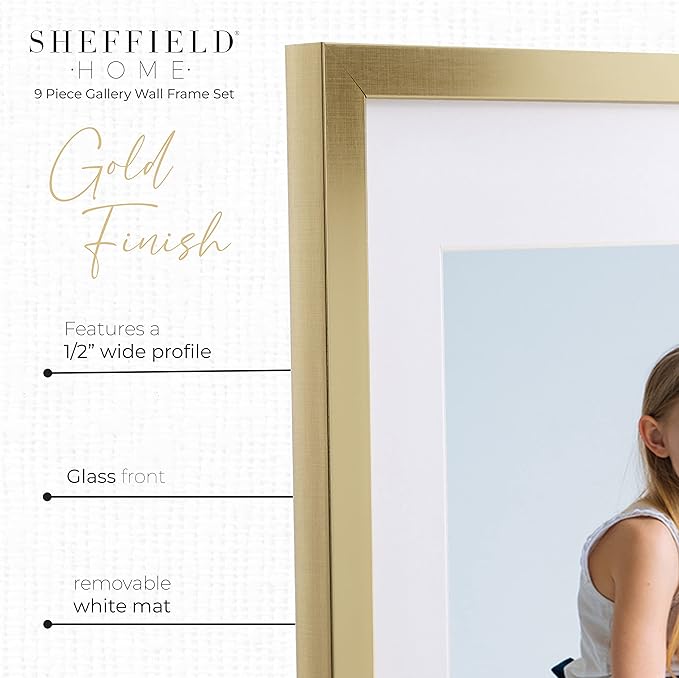 Sheffield Home 9 Piece Gallery Wall Frame Set, 11x14 Inch, Gold-Ruum Studio Home