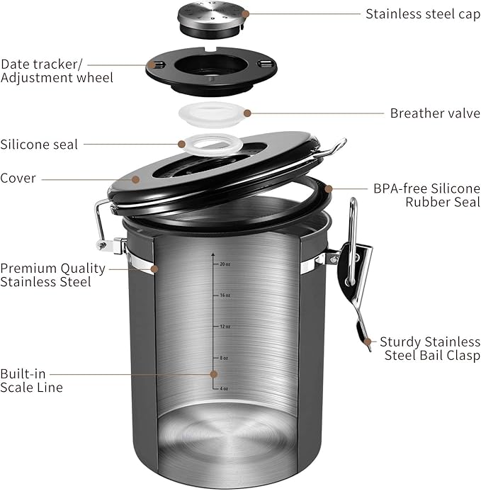 Veken Coffee Canister, Airtight Stainless Steel Kitchen Food Storage Container with Date Tracker and Scoop for Grounds Coffee, Beans, Tea, Flour, Cereal, Sugar, Cookies Jars, 22OZ Gray-Ruum Studio Home