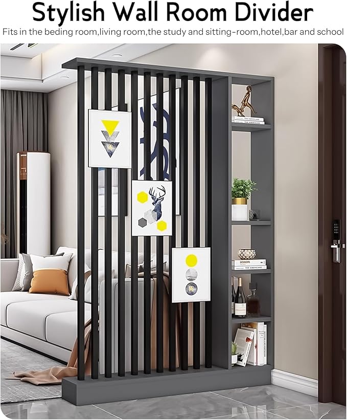 Wall Room Divider, Storage Cabinet Storage Display with Shelves, Modern Freestanding Wood Room Divider Screen, Wall Privacy Screens for Home Decorative (Grey+Black,55" L x 9.5" W x 79.5" H)-Ruum Studio Home