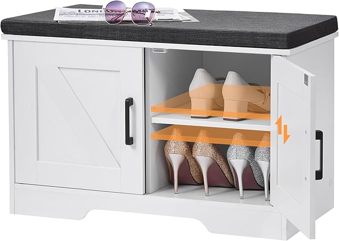 2-Tier Storage Bench, Shoe Bench with Padded Seat Cushion, Entryway Bench with 2 Barn Doors, Adjustable Shelf, 13.8" D x 27.6" W x 17.7" H, for Entryway, Living Room, Bedroom, White-Ruum Studio Home