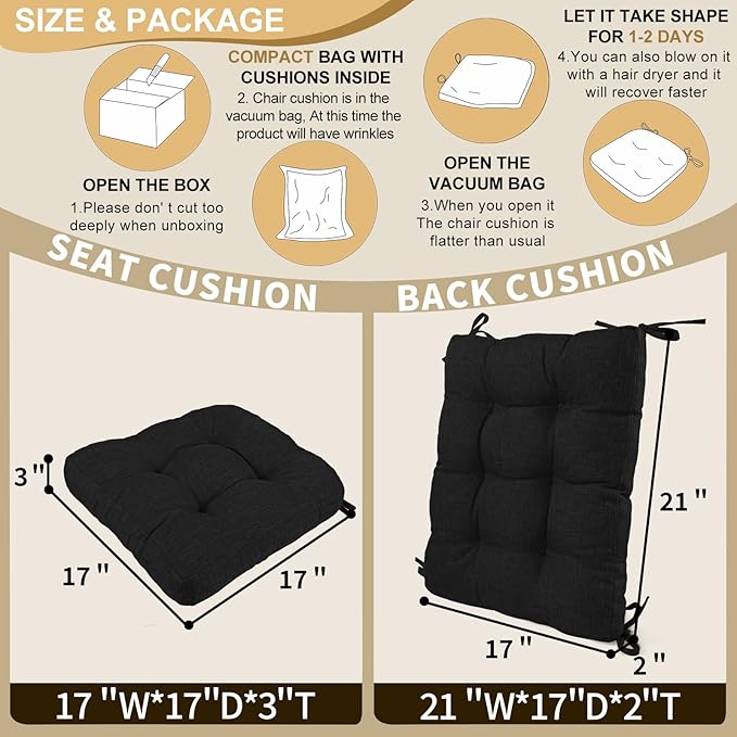 BUYUE Chair Cushion Set for Rocking Chair, Back Pillow & Seat Cushion with Ties, Original Woven Fabric Non-Slip Chair Pads for Elderly Sitting, Black-Ruum Studio Home