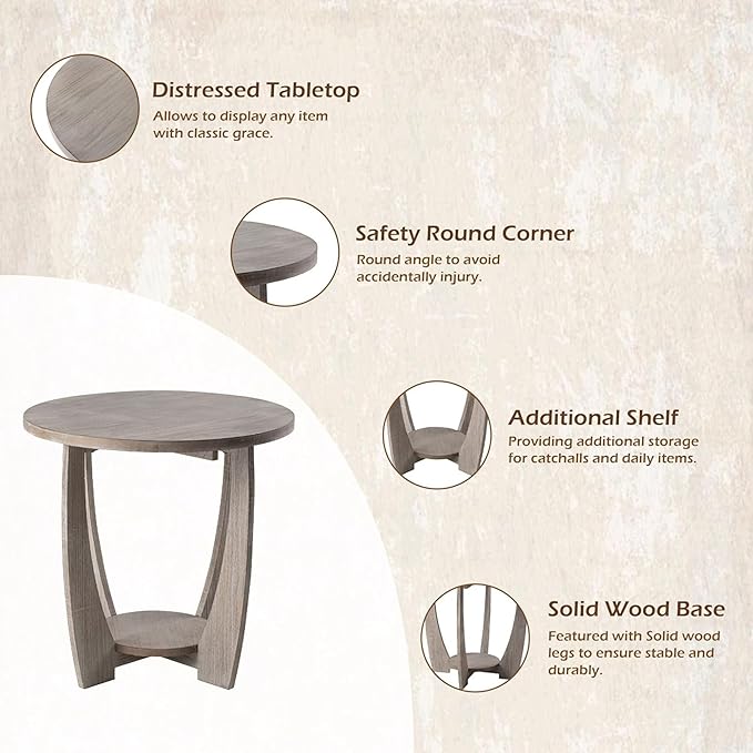Rustic Farmhouse End Table with Storage Shelf, French Country Accent Side Table for Family, Dinning or Living Room, Small Spaces, Modern, Round, Vintage Grey Finish-Ruum Studio Home