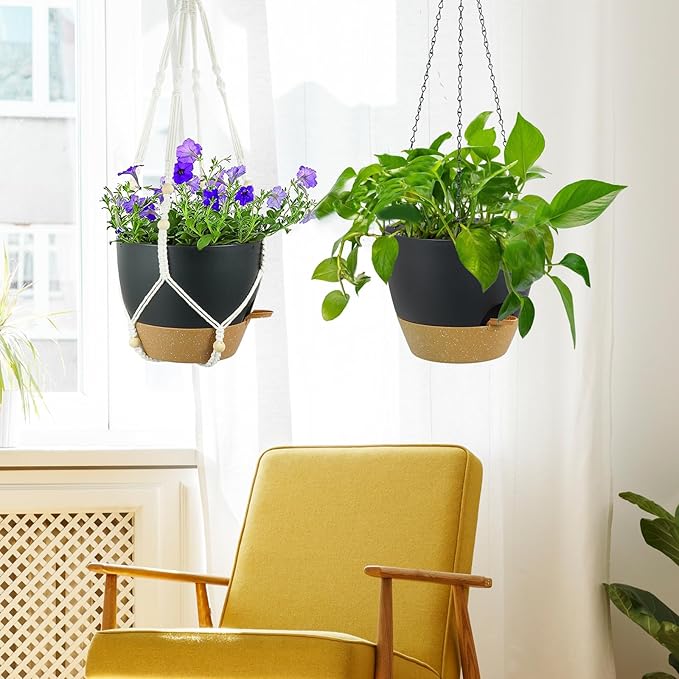 10 inch Self Watering Hanging Planters, 2 Pack Hanging Flower Pots for Indoor Outdoor Plants, Hanging Baskets with Drainage Holes & 2 Kinds of Plant Hangers for Garden Home Decor, Black Brown-Ruum Studio Home