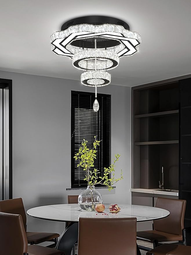 Flashing God Modern Crystal Chandeliers Dia 24" Black Chandelier Flush Mount Ceiling Light for Bedroom Living Room Dining Room Hallway Dimmable 3 Rings LED Celing Lighting Fixtures-Ruum Studio Home