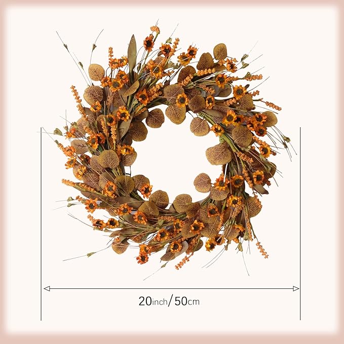 22 Inch Fall Wreath for Front Door Artificial Autumn Wreath with Eucalyptus Leaves Wild Flowers Harvest for Festival Thanksgiving Halloween Farmhouse Wall Home Decor-Ruum Studio Home