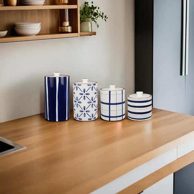 Young's Inc. 4 Pcs Set Cylindrical Ceramic Canisters- Storage Container for Kitchen and Bathroom - Beautiful Home Decor Accent to Store Food, Coffee, Tea, and More - White, Blue-Ruum Studio Home