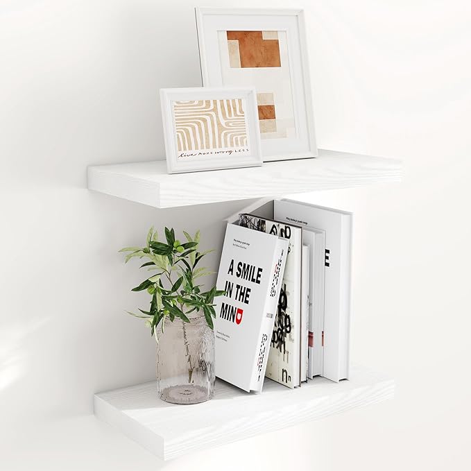 Fun Memories White Floating Shelves 16 Inch Long, 9 Inch Deep Wall Shelf for Bathroom, 16 x 9 Floating Shelf for Living Room, Bedroom, Kitchen, Rustic Wood Shelves for Wall, Set of 2-Ruum Studio Home