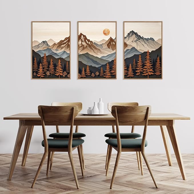 HLNIUC Large Boho Mountain Framed Canvas Wall Art Set,Woodcut Style Mountain Wall Decor,Vintage Forest Pine tree Art Prints,Nature Sunrise Landscape Wall Painting for Living Room,Bedroom - 16”x24”x3-Ruum Studio Home