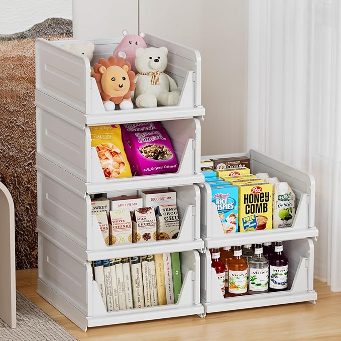 6 Pack Stackable Closet Storage Basket - Stackable Storage Bins, Multifunctional & Foldable Closet Organizer, Wardrobe Storage Space-Saving Clothes Storage Drawer Organizer, White-Ruum Studio Home