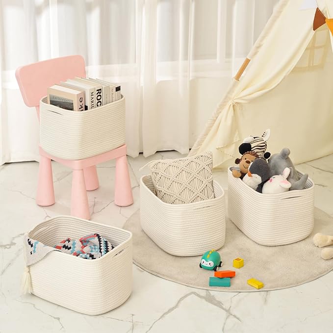 Storage Baskets for Organizing & Shelves, Woven Cotton Rope Organization Bins for Dog Toys, Clothes, Books, Nursery Organizer, 15" Lx11''Wx9.5''H, (4 Packs) Off White-Ruum Studio Home