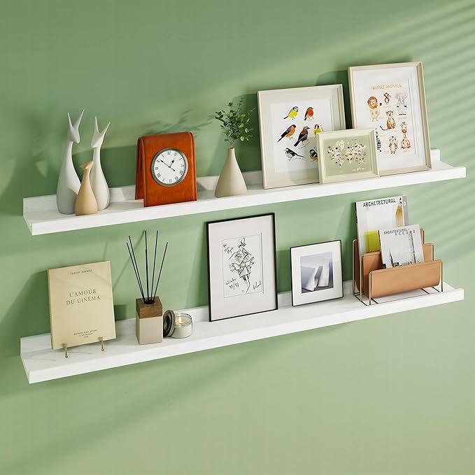 Floating Picture Ledge Shelves 55 Inch Solid Oak Wood Set of 2, Rustic Wall Storage Shelves with Lip, Kids Bookshelf, Photo & Picture Ledge Shelves for Bedroom, Living Room, Kitchen-Ruum Studio Home