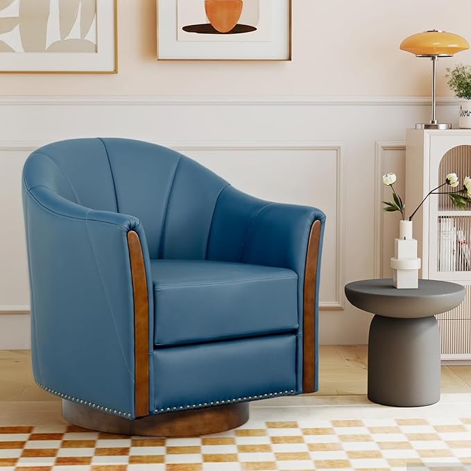 360° Swivel Accent Chair, Modern Leather Barrel Club Chair with Leather Upholstery and Sturdy Wood Base, Comfortable Armchair for Living Room, Bedroom, Reading Nook, Blue-Ruum Studio Home