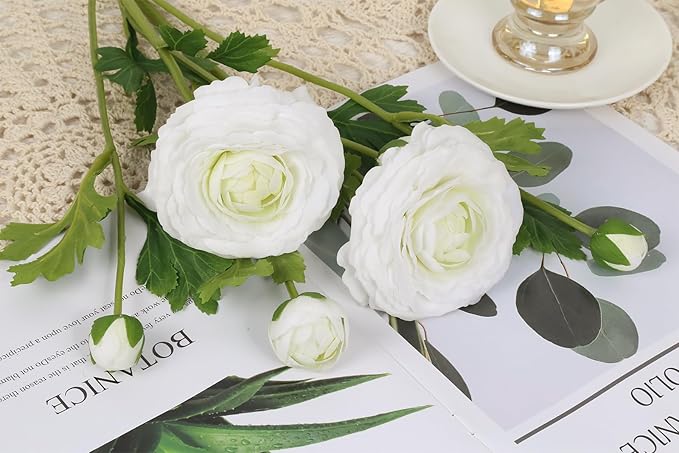 IPOPU 4PCS Real Touch White Ranunculus Artificial Flowers Faux Ranunculus Flowers for Vase Real Look Silk Peonies Fake Peony Flowers for Home Indoor Wedding Centerpieces for Table Decorations (White)-Ruum Studio Home