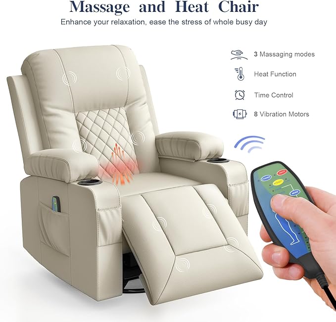 Recliner Chairs for Adults, Massage Rocker with Heated Modern Ergonomic Lounge 360 Degree Swivel Single Sofa Seat Living Room Lounge Recliners Ivory White-Ruum Studio Home