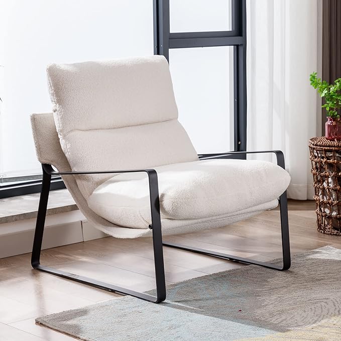DUOMAY Modern White Sherpa Accent Chair Set of 2, Comfy Lounge Lazy Chair with Metal Leg, Mid-Century Corner Arm Chair for Living Room Bedroom Office Apartment-Ruum Studio Home