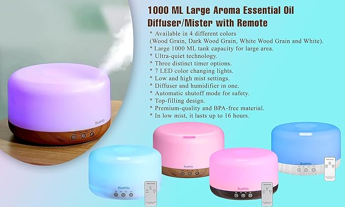 BlueHills Premium 1000 ML Large Essential Oil Diffuser Humidifier for Room Home Aromatherapy Big Capacity Oil Diffuser with Décor LED Lights Long Running Round Diffuser Dark Wood Grain – D002-Ruum Studio Home