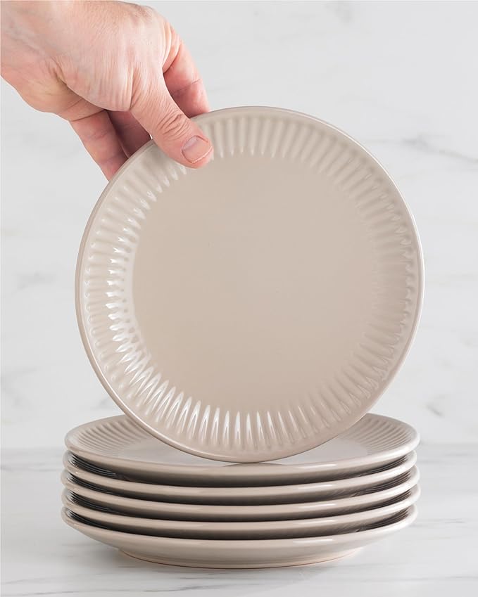 Stoneware Dinnerware Set for 4 People HYGGE 12-Piece - Elegant Scandi Design - Premium Dish Set - Bowl and Plate Set - Tableware for 4 People in a Ribbed Design - Pure Living in Light Brown-Ruum Studio Home