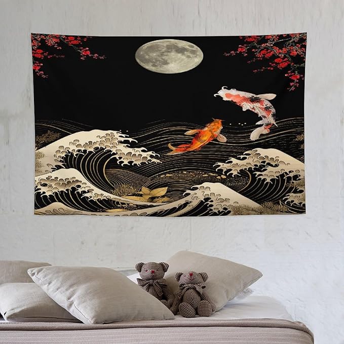 Houselerax Koi Fish Tapestry, Japanese Style Yin Yang Big Wave Cherry Blossom Tapestries Wall Hanging for Bedroom Living Room Office Decor 60"x40"-Ruum Studio Home