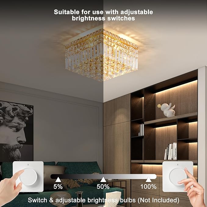 4-Light Gold Crystal Chandeliers Flush Mount Chandelier Light Fixture with K9 Crystals Modern Ceiling Lights Elegant Square Lamp for Bedroom,Hallway,Bar,Living Room,Dining Room,H5.9 xW13.7-Ruum Studio Home