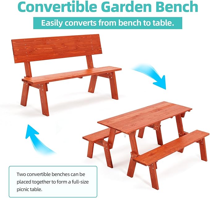 AVAWING Outdoor Convertible Wood Bench with Backrest, Patio Wood Convert a Bench, Space-Saving 2-in-1 Picnic Table Chairs Set for Backyard, Porch, Patio, Garden, Tangerine-Ruum Studio Home