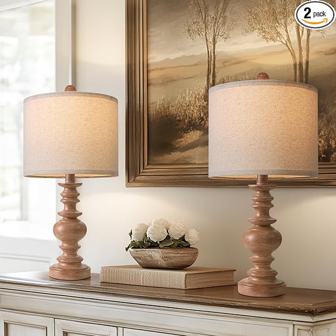 BOBOMOMO 20" Rustic Bedside Lamps Set of 2- Vintage Resin Table Lamps for Nightstands with Linen Shades, Farmhouse Lamps for Living Room, Bedroom, and Hallway (Light Brown) - Ideal for Compact Spaces-Ruum Studio Home