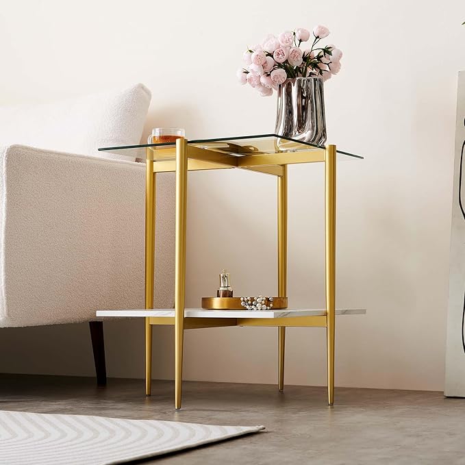 Square Glass End Table, Mid-Century Modern Design Sofa Table, for Living Room, L18 x W18 x H23, Clear Glass Top and White Marble MDF Shelf, Sleek Conical Metal Legs with Gold Finish-Ruum Studio Home