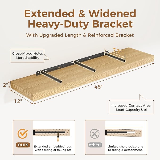 Floating Shelves 48 Inch Long, 12 Inch Deep Floating Shelves for Wall, 48 x 12 Large Wall Shelves for Home Storage & Display, 2" Thicked Floating Shelf for Bedroom, Living Room, Oak Color, 1 Pack-Ruum Studio Home